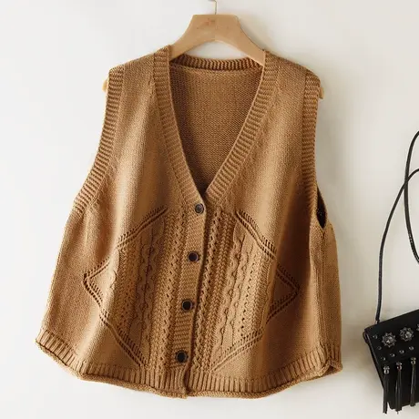 森系毛线针织马甲背心女开衫秋冬新款单排扣纯色宽松外搭坎肩马夹图片