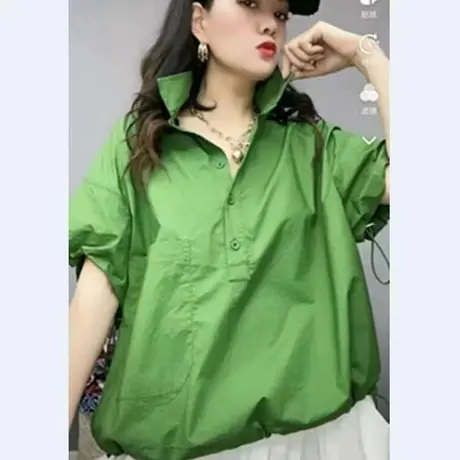 2023夏季新款Polo领口袋收腰短款半袖衬衫减龄纯色休闲打底上衣女图片