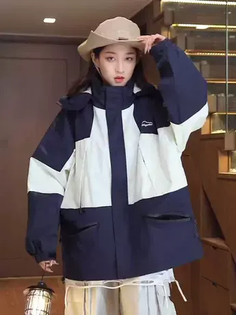 撞色冲锋衣外套女2023秋装新款连帽宽松棒球服休闲运动服夹克上衣商品大图