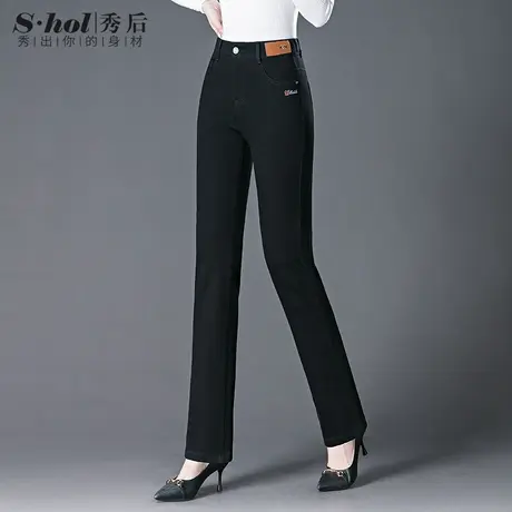 中年妈妈牛仔裤女秋冬新款黑色裤子高腰显瘦直筒裤长裤烟灰色女裤图片