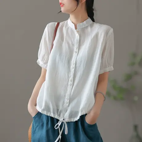 dza 复古白色苎麻上衣女士短袖衬衫夏季薄款开衫气质漂亮棉麻衬衣图片