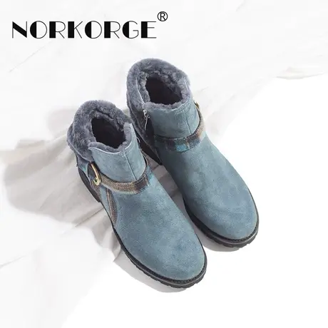 原创个性复古蓝色雪地靴女鞋真皮圆头粗跟中跟侧拉链短靴女冬2023商品大图