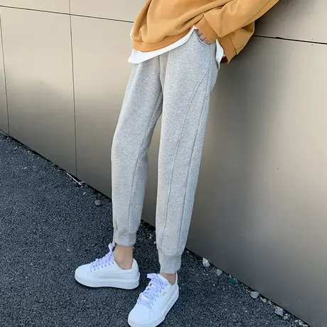 美式复古运动裤子女秋冬季加绒卫裤高腰显瘦直筒哈伦休闲束脚长裤图片