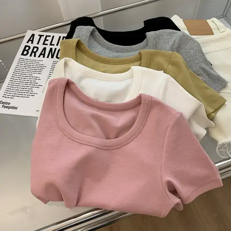 韩版基础款纯色百搭圆领短袖T恤女修身弹力短款打底上衣夏季新款图片