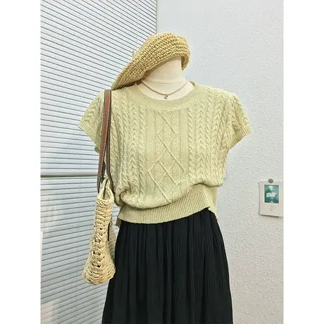 夏装新款麻花圆领套头针织衫 韩版甜美通勤半包袖小衫百搭上衣潮图片