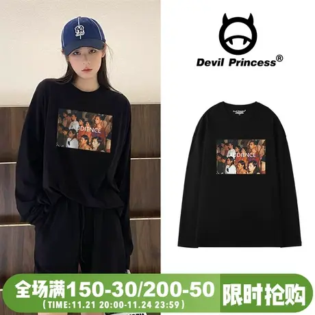 街头风ins潮牌美式复古风黑色长袖T恤女超火oversize宽松大版上衣图片