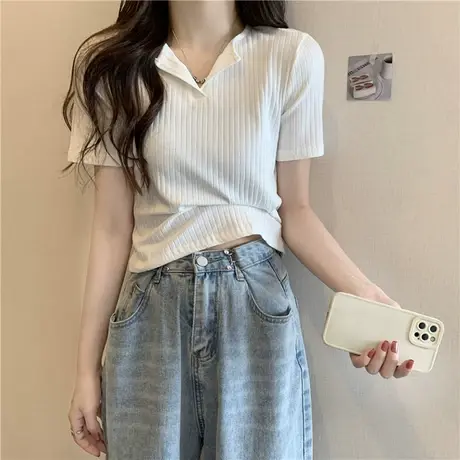 V领短袖T恤女港风夏装2025年新款修身显瘦高腰短款半袖上衣潮ins商品大图