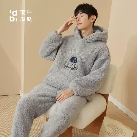顶瓜瓜睡衣男士秋冬2022年珊瑚绒保暖舒适加绒套头情侣家居服套装商品大图