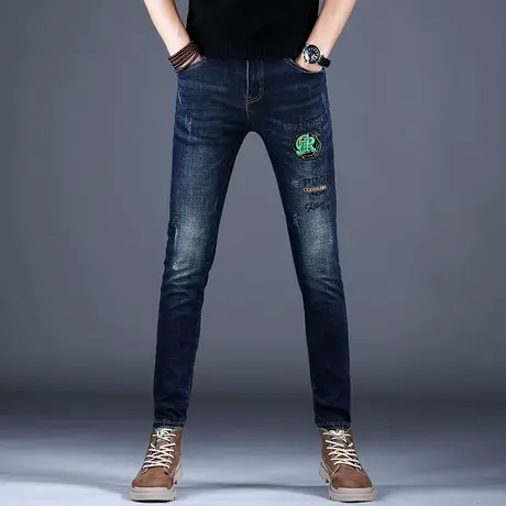 2023男士新款百搭牛仔裤男款深蓝色修身刺绣小脚裤子潮牌高端百搭图片