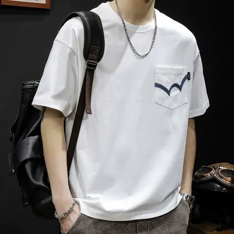 重磅白色短袖t恤男士夏季宽松大码潮牌加肥加大半袖纯棉男装体恤商品大图