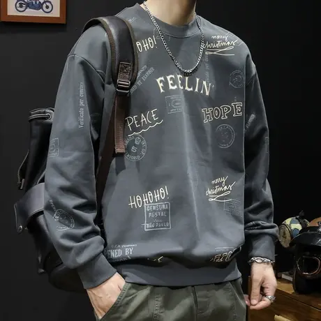 圆领印花卫衣男春秋款ins潮牌重磅宽松大码春季2024新款上衣长袖商品大图