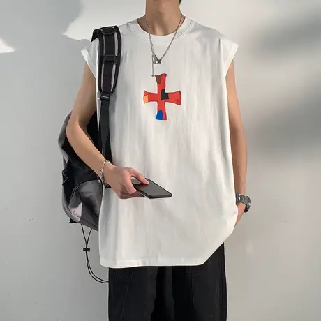 夏季宽松无袖圆领背心T恤男士纯棉十字印花居家汗衫衣服夏天夏款商品大图