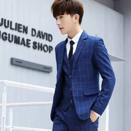 春夏季西服套装男休闲西装男套装学生格子正装新郎伴郎团结婚礼服图片