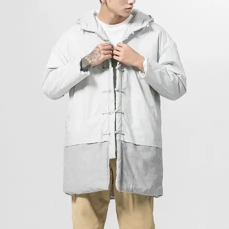 冬季中长款棉衣男加肥加大码中国风盘扣棉麻拼接复古棉袄休闲外套商品大图