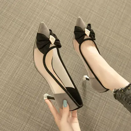 2021年新款夏季网纱透气女鞋水钻细跟凉鞋女蝴蝶结浅口尖头高跟鞋商品大图