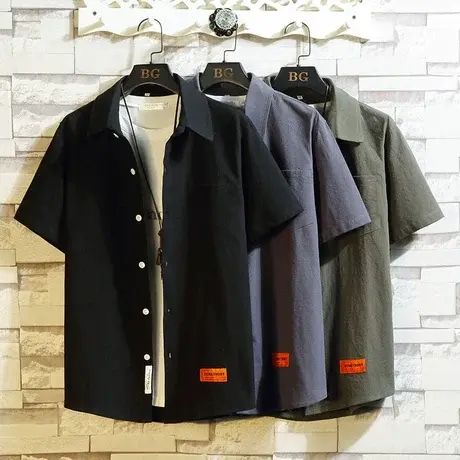 亚麻衬衫男夏季短袖潮流宽松帅气日系胖子休闲半袖衬衣加肥加大码商品大图