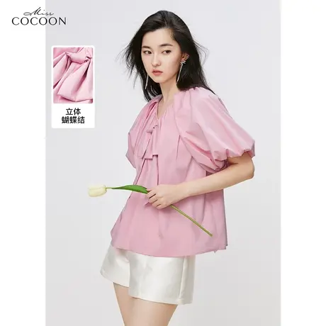 missCOCOON粉色泡泡袖雪纺衫女2023新款夏季宽松设计感蝴蝶结上衣商品大图