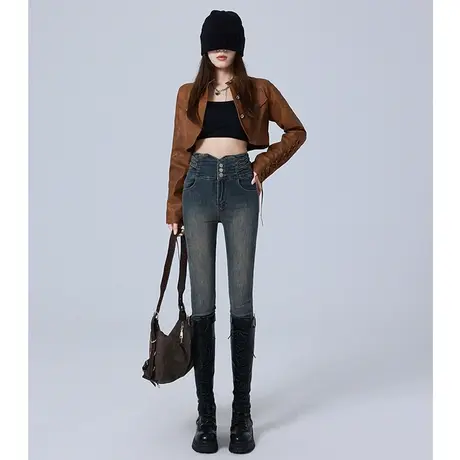 超高腰加绒小脚牛仔裤女秋冬季2023年新款显瘦设计感紧身铅笔裤子图片