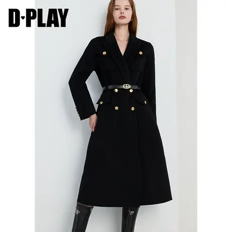 DPLAY冬季气质黑色中长款羊毛15%山羊绒双面呢大衣外套女商品大图