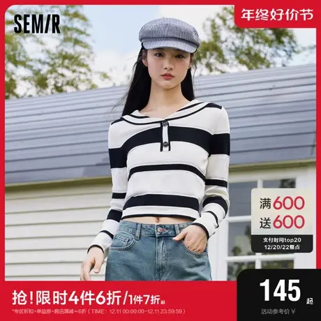 森马针织衫女大翻领条纹衫学院风青春2023秋季新款修身套头衫文艺图片