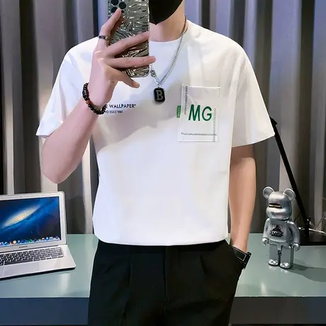 夏季字母口袋T恤短袖五分袖体恤男装上衣2023新款潮牌ins夏装半袖商品大图