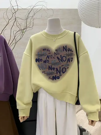 加绒加厚连帽卫衣女2024冬季新款韩系字母爱心宽松圆领套头上衣服商品大图