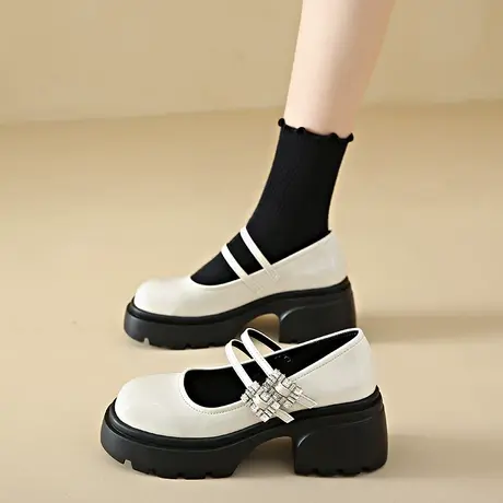 法式玛丽珍鞋女2024年新款英伦风浅口高跟单鞋气质粗跟厚底小皮鞋商品大图