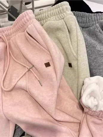 灰色毛巾料束脚休闲裤女秋冬加绒加厚卫裤高腰百搭显瘦糯米阔腿裤商品大图