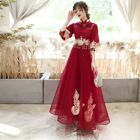 敬酒服新娘2024新款冬季酒红色结婚回门晚礼服女中式中国风秀禾服图片