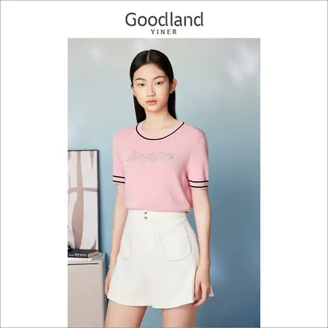 Goodland美地女装2023夏季气质撞色套头钉珠烫钻针织衫上衣图片