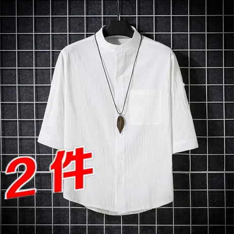 衬衫男2021夏季新款亚麻七分袖衬衣韩版潮流帅气上衣白色休闲寸衫商品大图