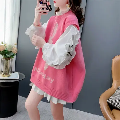 春秋甜美学院风无袖针织马甲背心女2024新款小众外穿宽松百搭坎肩商品大图