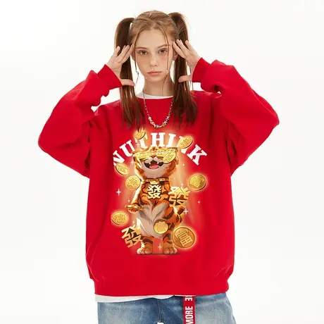 Nuthink国潮新年重磅420g直喷圆领卫衣男潮加绒加厚宽松情侣上衣商品大图