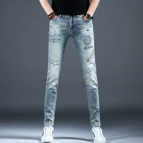 欧洲站破洞做旧复古品牌牛仔裤男款小脚修身裤子潮流男士高端潮牌商品大图