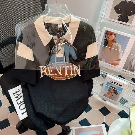 华夫格设计感polo领绑带短袖t恤女夏季宽松小众港风chic上衣潮牌商品大图