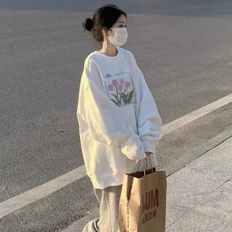 oversize奶fufu的圆领卫衣女ins潮牌宽松春秋季薄款chic港风上衣商品大图