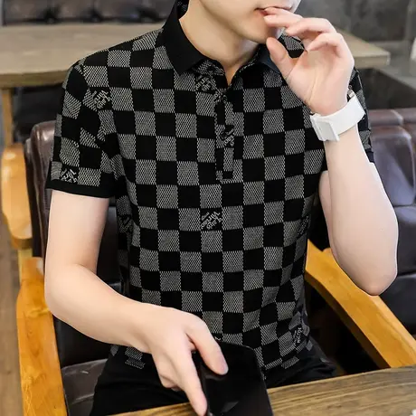 格子夏季男士polo衫潮流翻领短袖t恤黑色青年爸爸装休闲半袖上衣商品大图