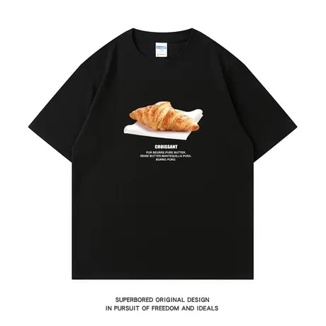 ins港风趣味简约牛角面包短袖t恤男夏季纯棉宽松休闲半袖体恤衫图片