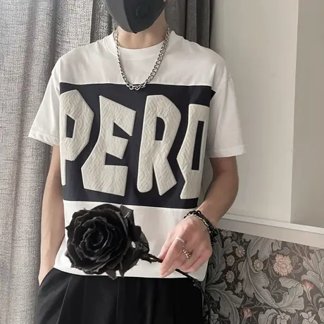 短袖T恤男夏季韩版休闲撞色印花字母半袖体恤衫ins圆领百搭半截袖商品大图