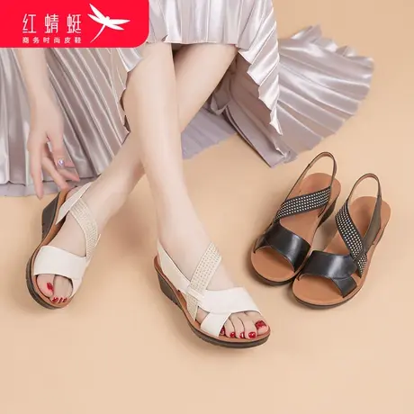 红蜻蜓女鞋圆头厚底凉鞋女妈妈鞋软底平底坡跟罗马鞋增高女上班鞋商品大图