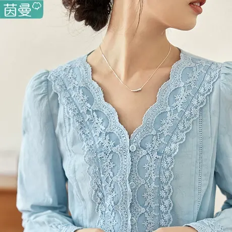 茵曼官方旗舰店衬衫春装2024年新款女装v领上衣纯棉衬衣欧货外穿商品大图