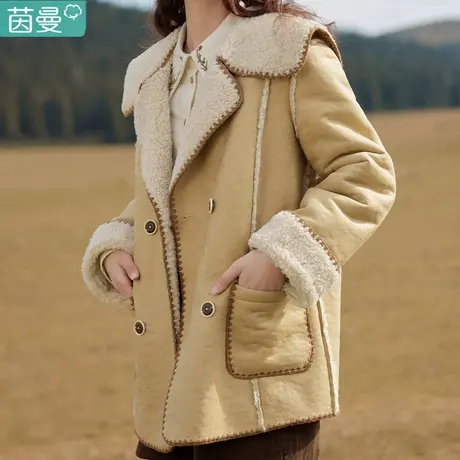 茵曼仿麂皮绒短外套女2024新款秋冬季复古加绒上衣棉衣棉服小个子图片