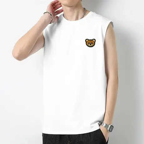 230g重磅纯棉白色背心男夏季液氨长绒棉健身运动坎肩小熊无袖t恤商品大图