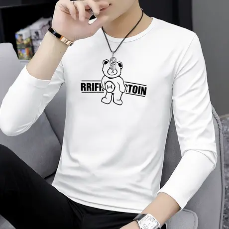 莫代尔秋季长袖t恤男装2023新款白色上衣服潮流小熊内搭打底衫男商品大图