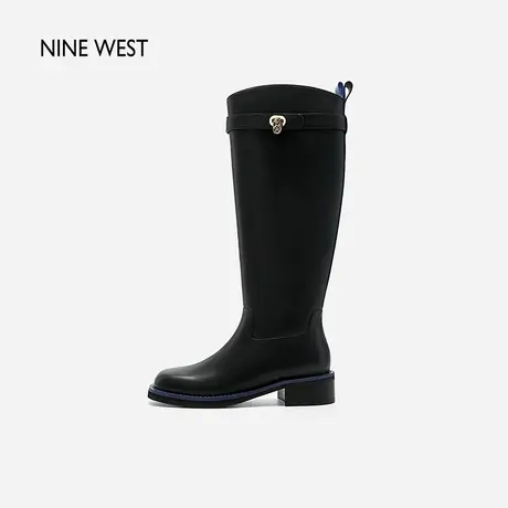 Nine West/玖熙真皮百搭金属扣长靴2023年冬新款气质粗跟时装靴女商品大图