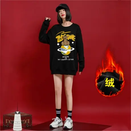 Ohlyah潮牌小熊加绒加厚卫衣女纯棉圆领休闲学生情侣长袖女士外套商品大图