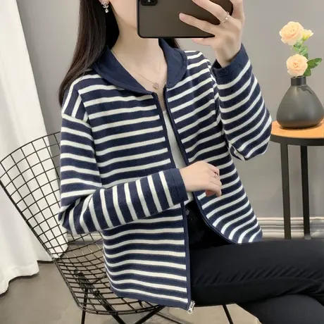 娃娃领条纹针织开衫女2023春秋新款宽松外穿上衣外搭拉链毛衣外套商品大图