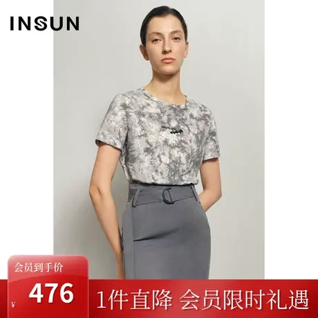 恩裳夏季时尚简约气质撞色灰色纯棉短袖圆领T恤上衣女图片