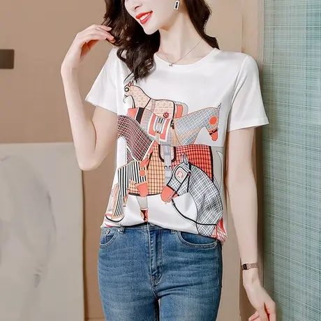 绸缎面真丝t恤女短袖2023夏季新款印花时尚洋气宽松圆领短款上衣商品大图