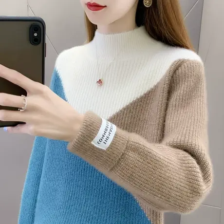 半高领毛衣女秋冬2023新款爆款洋气宽松拼色加厚针织打底衫内搭女商品大图